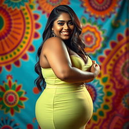 A captivating portrait of a voluptuous Indian woman embracing her curves, dressed in a stylish, form-fitting outfit that highlights her figure