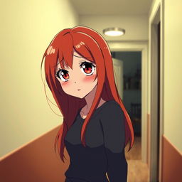A red-haired woman standing by a door, looking confused and scared