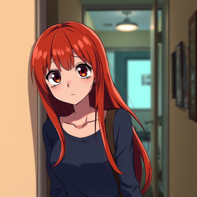 A red-haired woman standing by a door, looking confused and scared