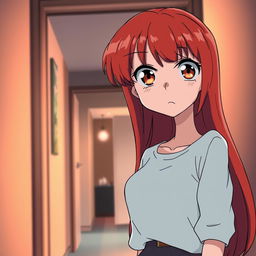 A red-haired woman standing by a door, looking confused and scared