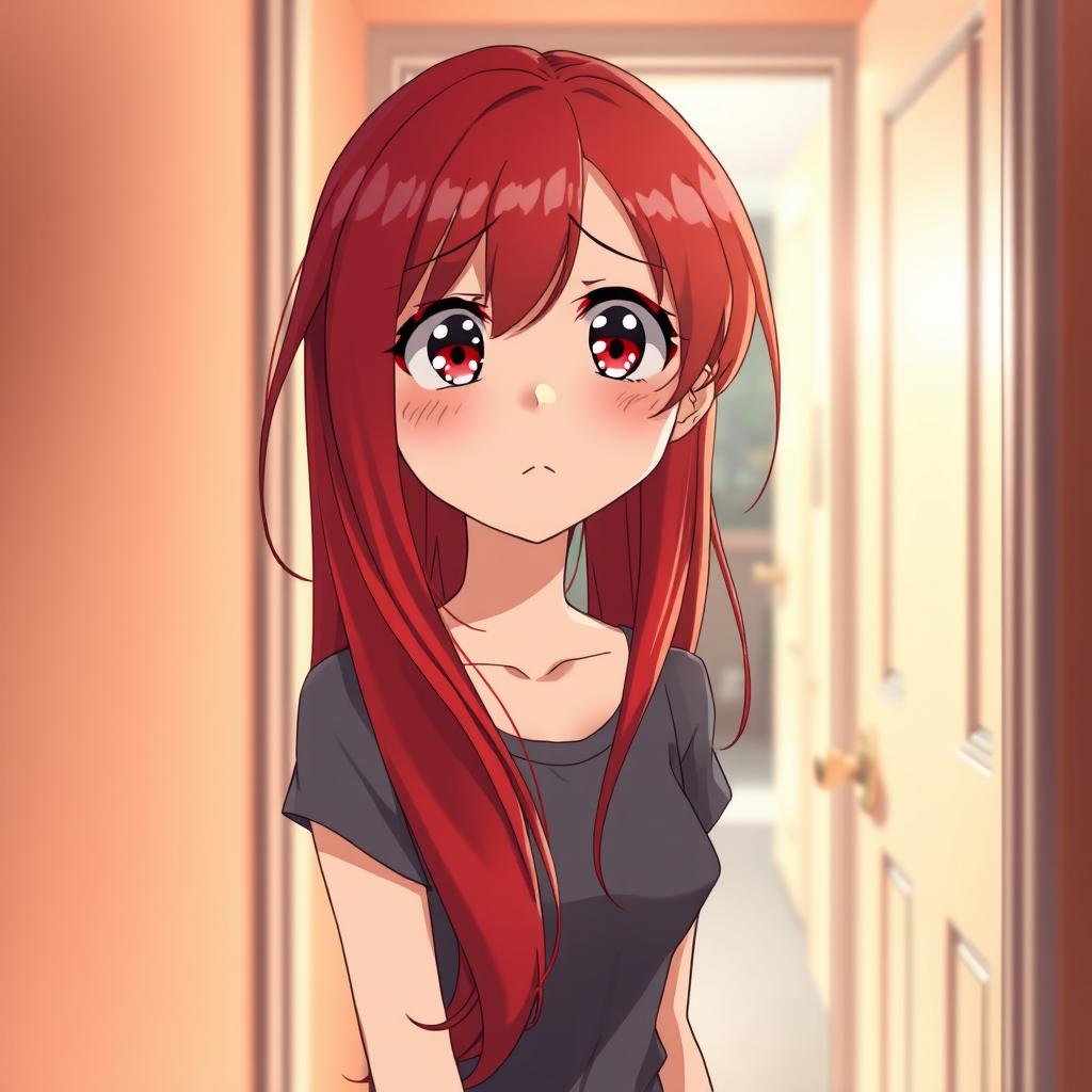 A red-haired woman standing by a door, looking confused and scared