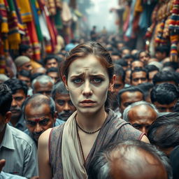 A sad white female is depicted in an emotional state while being surrounded by a very dense crowd of men in a bustling Indian market