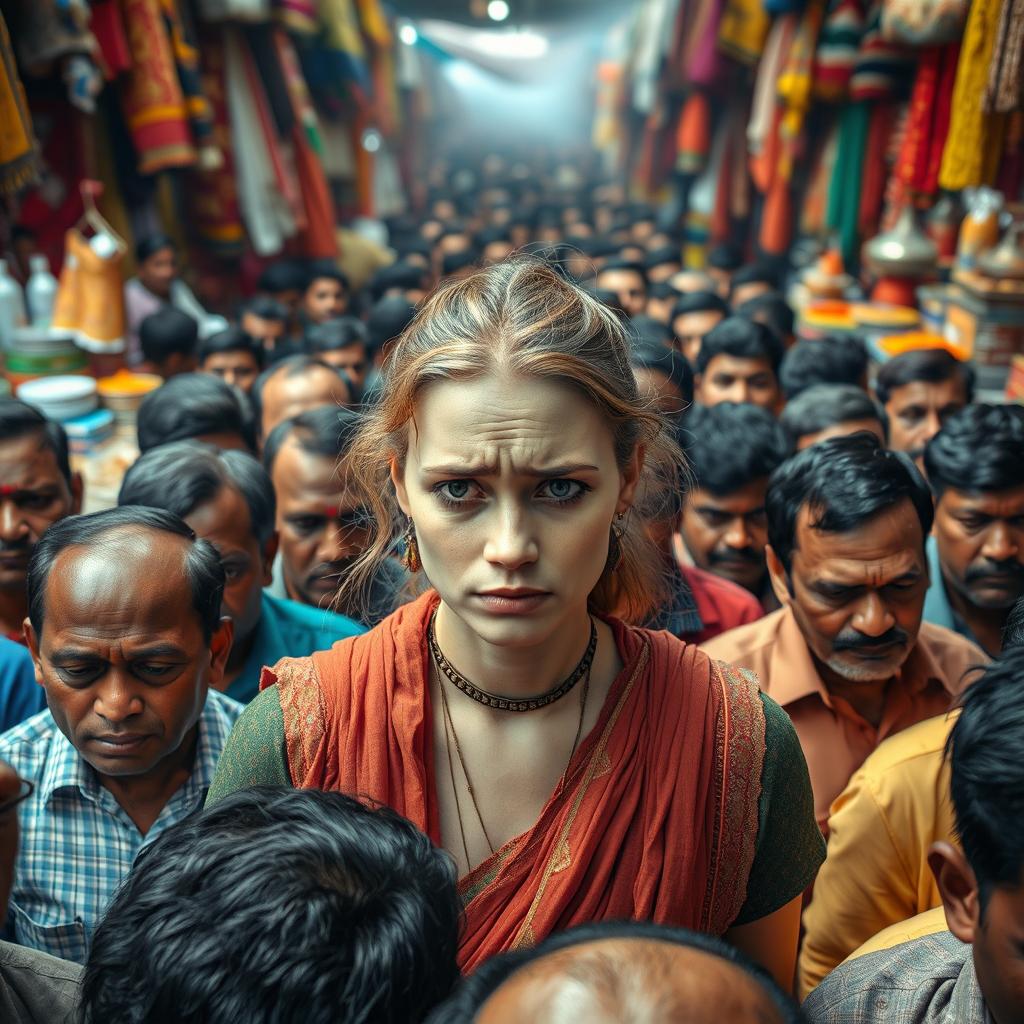 A sad white female is depicted in an emotional state while being surrounded by a very dense crowd of men in a bustling Indian market