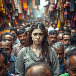 A sad white female is depicted in an emotional state while being surrounded by a very dense crowd of men in a bustling Indian market