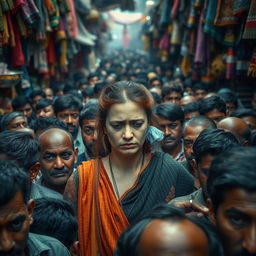 A sad white female is depicted in an emotional state while being surrounded by a very dense crowd of men in a bustling Indian market