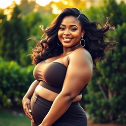 A striking portrait of a confident and curvy woman with an uplifting presence, showcasing her thick figure in a stylish, form-fitting outfit that highlights her natural beauty