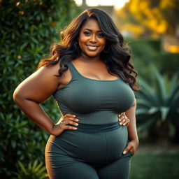 A striking portrait of a confident and curvy woman with an uplifting presence, showcasing her thick figure in a stylish, form-fitting outfit that highlights her natural beauty