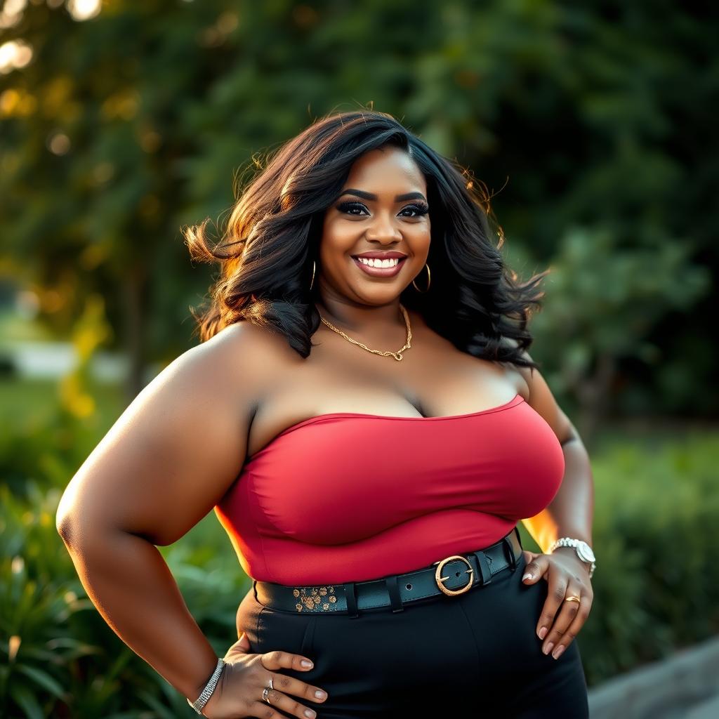 A striking portrait of a confident and curvy woman with an uplifting presence, showcasing her thick figure in a stylish, form-fitting outfit that highlights her natural beauty