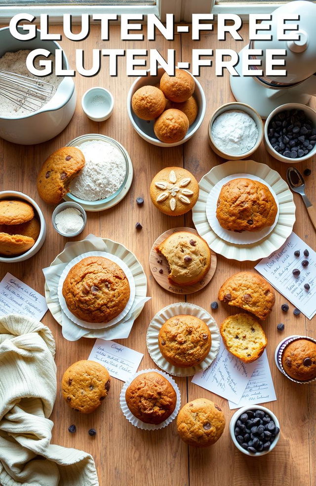 A beautifully styled flat lay of gluten-free baked goods, showcasing a variety of treats like cookies, cakes, and muffins