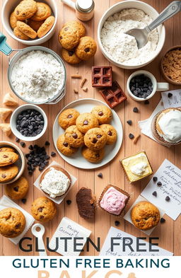 A beautifully styled flat lay of gluten-free baked goods, showcasing a variety of treats like cookies, cakes, and muffins