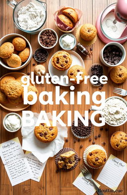 A beautifully styled flat lay of gluten-free baked goods, showcasing a variety of treats like cookies, cakes, and muffins