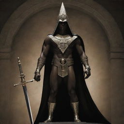 The Illuminati figure, once imposing, now pierced by a gleaming sword held by the hero, their Illuminati symbols losing their glow symbolizing a shift of power.