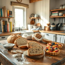 A cozy scene in a rustic kitchen that represents gluten-free baking, featuring a beautifully arranged wooden table topped with an assortment of baked goods such as fluffy gluten-free bread, chocolate chip cookies, and a colorful fruit tart