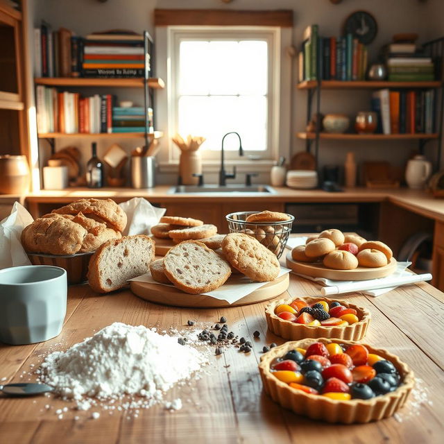 A cozy scene in a rustic kitchen that represents gluten-free baking, featuring a beautifully arranged wooden table topped with an assortment of baked goods such as fluffy gluten-free bread, chocolate chip cookies, and a colorful fruit tart