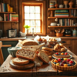A cozy scene in a rustic kitchen that represents gluten-free baking, featuring a beautifully arranged wooden table topped with an assortment of baked goods such as fluffy gluten-free bread, chocolate chip cookies, and a colorful fruit tart