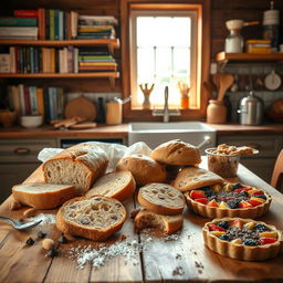 A cozy scene in a rustic kitchen that represents gluten-free baking, featuring a beautifully arranged wooden table topped with an assortment of baked goods such as fluffy gluten-free bread, chocolate chip cookies, and a colorful fruit tart