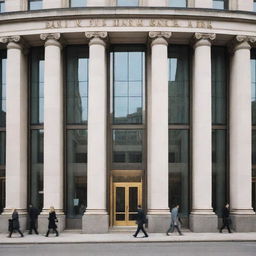 A grand, modern bank building with gleaming glass windows and majestic stone pillars, bustling with clients and staff in the daytime.