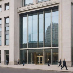 A grand, modern bank building with gleaming glass windows and majestic stone pillars, bustling with clients and staff in the daytime.