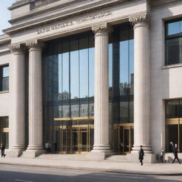 A grand, modern bank building with gleaming glass windows and majestic stone pillars, bustling with clients and staff in the daytime.