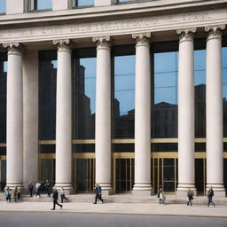 A grand, modern bank building with gleaming glass windows and majestic stone pillars, bustling with clients and staff in the daytime.