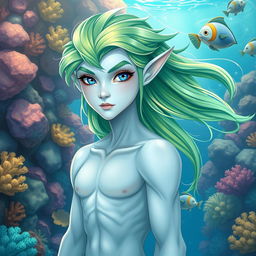 An aquatic elf male with light blue skin, vibrant green hair that flows elegantly, and striking royal blue eyes