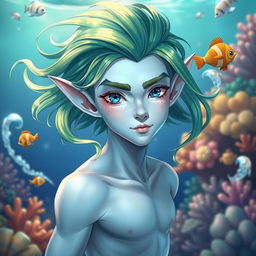 An aquatic elf male with light blue skin, vibrant green hair that flows elegantly, and striking royal blue eyes