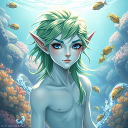 An aquatic elf male with light blue skin, vibrant green hair that flows elegantly, and striking royal blue eyes