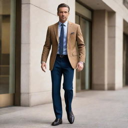 Incorporate a man wearing a stylish jacket, stride confidently into the grand, modern bank earlier described, creating a sudden focus on this new character.