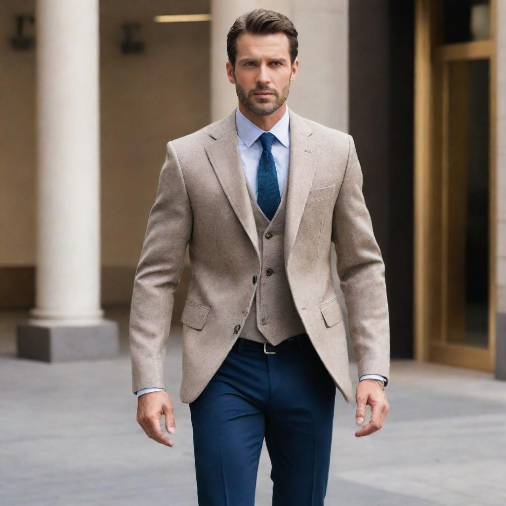 Incorporate a man wearing a stylish jacket, stride confidently into the grand, modern bank earlier described, creating a sudden focus on this new character.