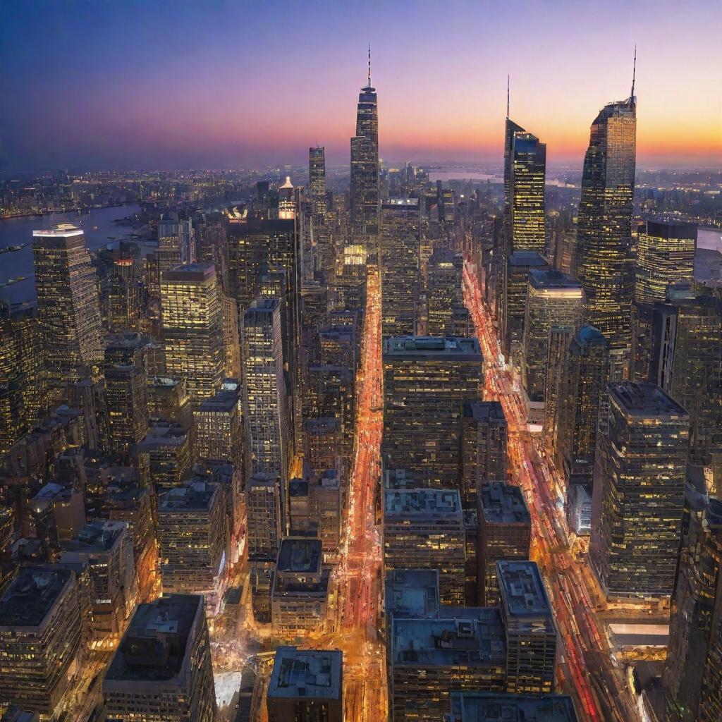 A sprawling, vibrant cityscape with towering skyscrapers, bustling streets, and twinkling lights against a dusk sky.