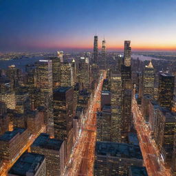 A sprawling, vibrant cityscape with towering skyscrapers, bustling streets, and twinkling lights against a dusk sky.