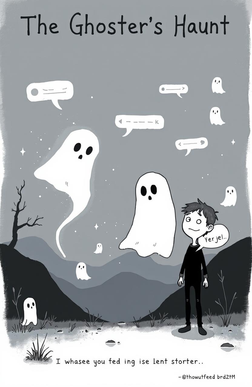 A witty and darkly humorous illustration inspired by the poem 'The Ghoster's Haunt,' depicting the common experience of ghosting in modern relationships