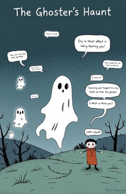 A witty and darkly humorous illustration inspired by the poem 'The Ghoster's Haunt,' depicting the common experience of ghosting in modern relationships