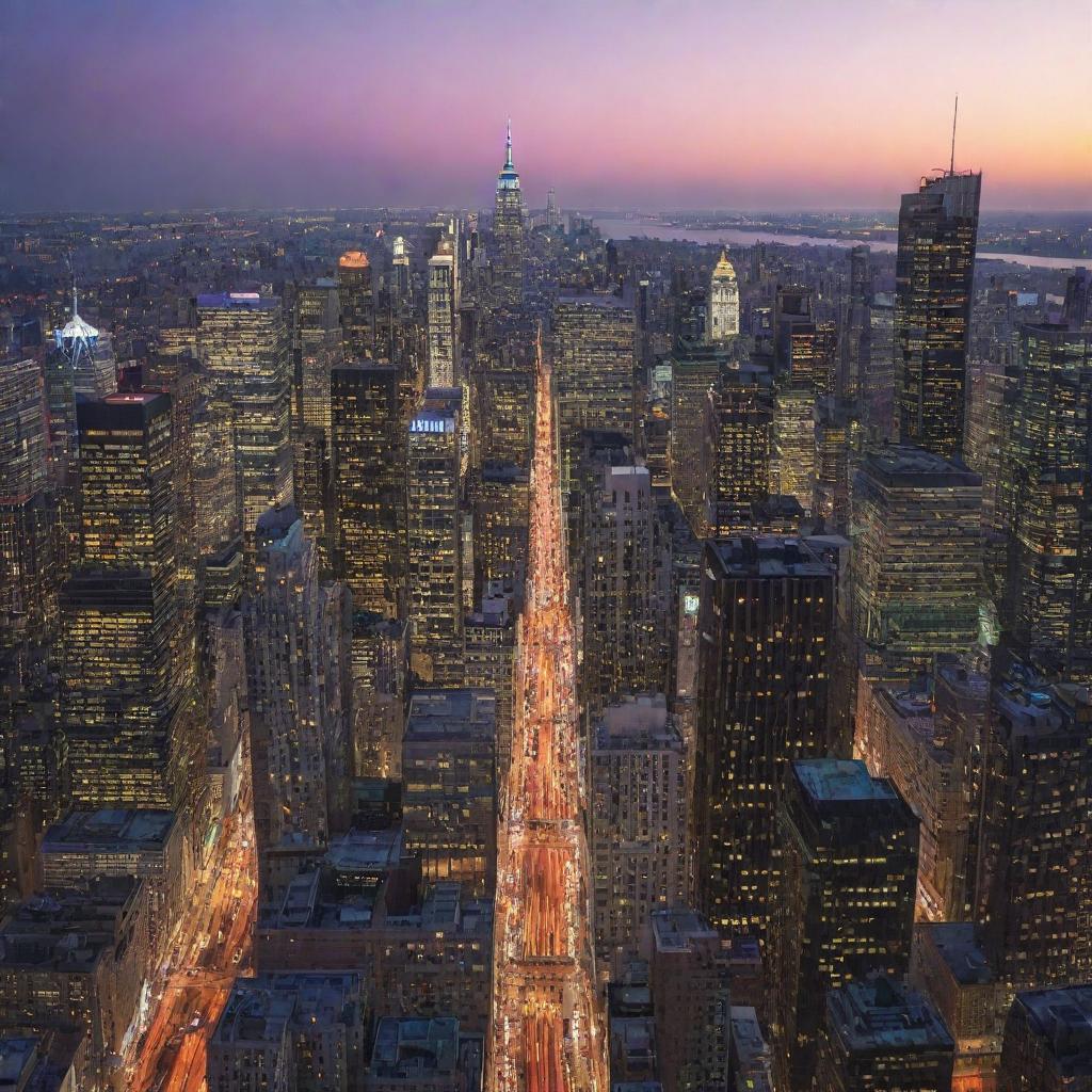 A sprawling, vibrant cityscape with towering skyscrapers, bustling streets, and twinkling lights against a dusk sky.