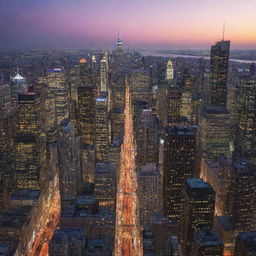 A sprawling, vibrant cityscape with towering skyscrapers, bustling streets, and twinkling lights against a dusk sky.