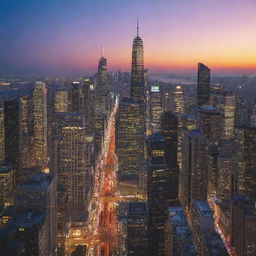 A sprawling, vibrant cityscape with towering skyscrapers, bustling streets, and twinkling lights against a dusk sky.