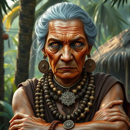 An elderly woman depicted as the wise leader of a tribal community, with striking golden eyes that reflect her authority and wisdom