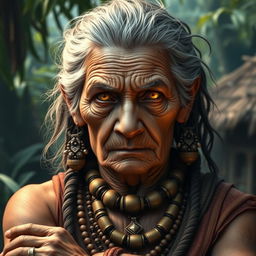 An elderly woman depicted as the wise leader of a tribal community, with striking golden eyes that reflect her authority and wisdom