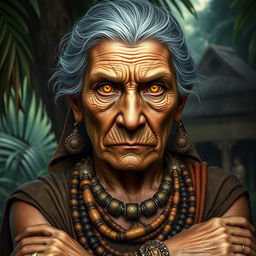 An elderly woman depicted as the wise leader of a tribal community, with striking golden eyes that reflect her authority and wisdom