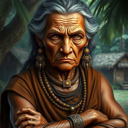 An elderly woman depicted as the wise leader of a tribal community, with striking golden eyes that reflect her authority and wisdom