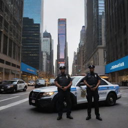 The sprawling, vibrant cityscape now features police officers patrolling the bustling streets, with their distinctive uniforms and patrol cars evident among the towering skyscrapers and twinkling lights.