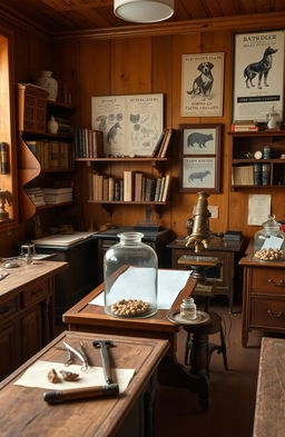 A vintage veterinary medicine scene, showcasing old medical instruments like antique scalpels, wooden examination tables, and shelves filled with aged medical books