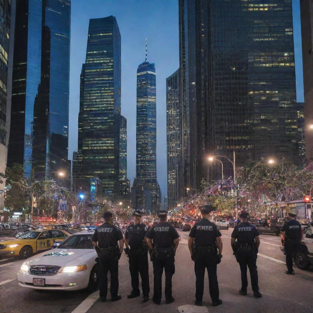 The sprawling, vibrant cityscape now features police officers patrolling the bustling streets, with their distinctive uniforms and patrol cars evident among the towering skyscrapers and twinkling lights.