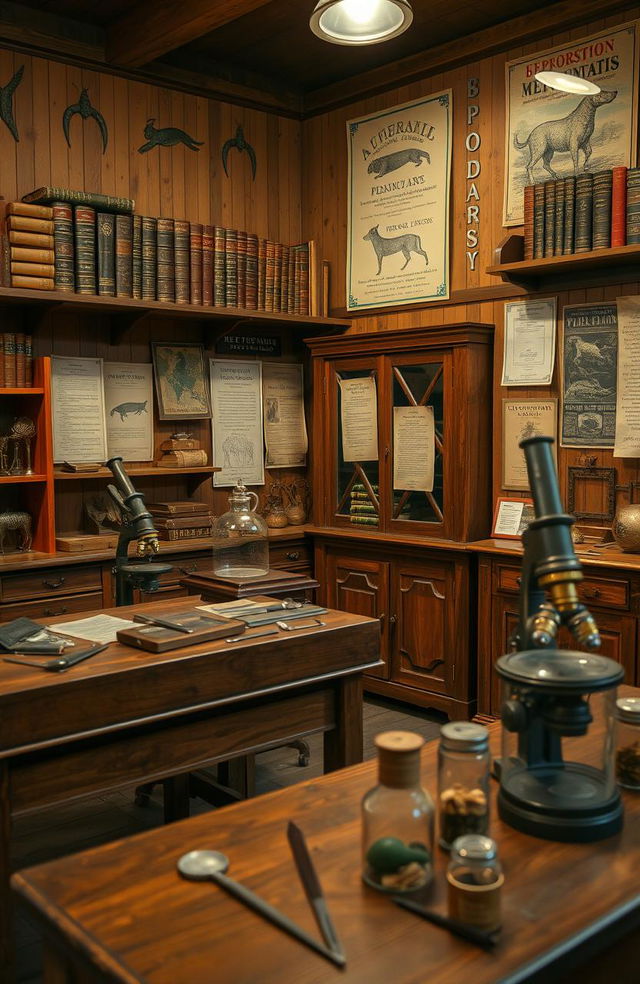 A vintage veterinary medicine scene, showcasing old medical instruments like antique scalpels, wooden examination tables, and shelves filled with aged medical books