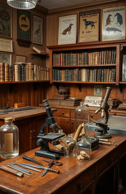 A vintage veterinary medicine scene, showcasing old medical instruments like antique scalpels, wooden examination tables, and shelves filled with aged medical books