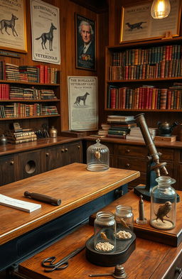 A vintage veterinary medicine scene, showcasing old medical instruments like antique scalpels, wooden examination tables, and shelves filled with aged medical books