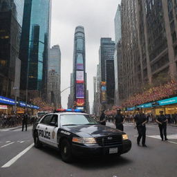 The sprawling, vibrant cityscape now features police officers patrolling the bustling streets, with their distinctive uniforms and patrol cars evident among the towering skyscrapers and twinkling lights.