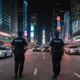 The sprawling, vibrant cityscape now features police officers patrolling the bustling streets, with their distinctive uniforms and patrol cars evident among the towering skyscrapers and twinkling lights.