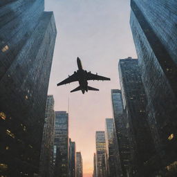 Suddenly, the cityscape features a warplane soaring through the dusk sky over the towering skyscrapers. The police officers on the streets below look up at the unexpected sight.