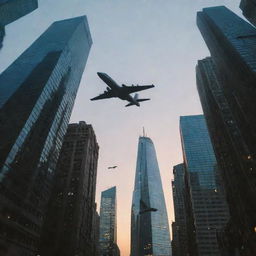 Suddenly, the cityscape features a warplane soaring through the dusk sky over the towering skyscrapers. The police officers on the streets below look up at the unexpected sight.